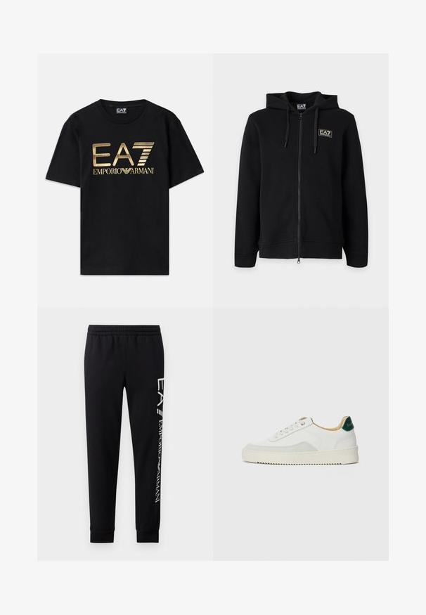 Sort hættetrøje med fuld lynlås med snore og et lille rektangulært EA7 Emporio Armani-logo på venstre bryst.; Sort bomulds t-shirt med korte ærmer, med et guldtryk af "EA7 EMPORIO ARMANI" logoet på forsiden. Enkelt design, rund hals.; Sorte sweatpants lavet af en bomuldsblanding, med elastisk talje, smalle ben, ribbede manchetter og hvidt logo print langs siden.; Hvide sneakers med ruskindsdetaljer, rund tå, flade snørebånd og en cremet gummisål. Har grøn branding på hælen.