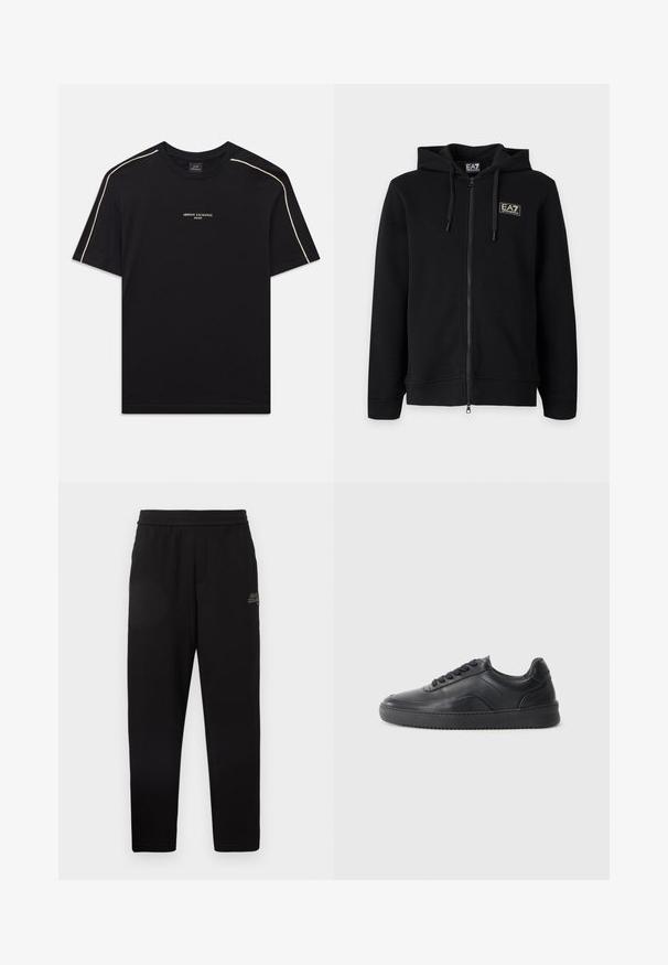 Schwarzer Kapuzenpullover mit durchgehendem Reißverschluss und Kordeln sowie einem kleinen rechteckigen EA7 Emporio Armani Logo auf der linken Brust.; Schwarzes Baumwoll-T-Shirt mit kurzen Ärmeln, rundem Ausschnitt, beigem Akzentstich an den Schultern und ARMANI EXCHANGE-Logo in der Mitte.; Schwarze tapered Sweathosen mit elastischem Bund und kleinem aufgedrucktem Logo am oberen linken Oberschenkel.; Schwarze Leder-Sneaker mit glatter Oberfläche, abgerundeter Zehenpartie, strukturiertem Seitenpaneel und schwarzen Schnürsenkeln. Verfügt über eine flache Gummisohle und ein minimalistisches Design.