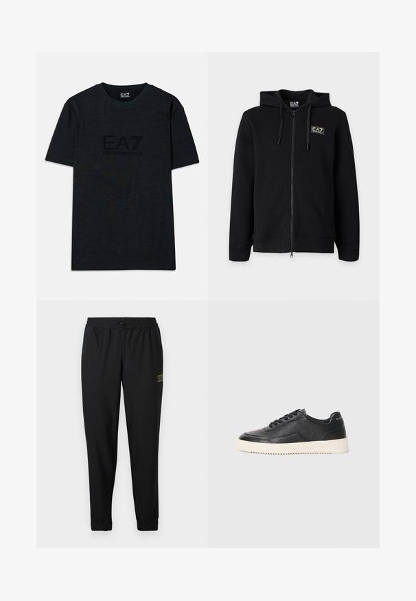 Čierna mikina s kapucňou a celým zipsom, s nastaviteľnými šnúrkami a malým obdĺžnikovým logom EA7 Emporio Armani na ľavej strane hrude.; Čierne bavlnené tričko s krátkymi rukávmi, má okrúhly výstrih a na prednej strane jemne embosované logo EA7 Emporio Armani.; Čierne športové nohavice s textúrovanou látkou, elastickým pásom, šnúrkou, zúženými nohavicami a malým zlatým logom na ľavej strane.; Čierne kožené tenisky s textúrovaným povrchom, okrúhlou špičkou a plochou bielou gumovou podrážkou. Obsahujú čierne šnúrky a značku na päte.
