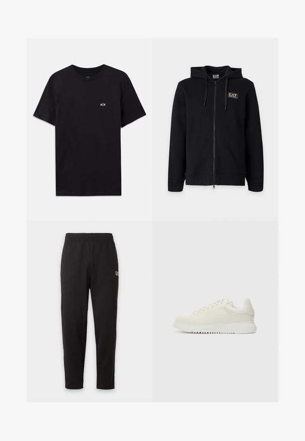 Must kapuutsiga lukuga dressipluus paeltega ja vasakul rinnal väikese ristkülikukujulise EA7 Emporio Armani logoga.; Must mustaga lühikeste varrukatega T-särk, ümar kaelus, mille vasakul rinnal on väike valge "A|X" logo. Sile tekstuur.; Mustad elastse elastse vööga dressipüksid kitsenevate säärte ja väikese valge logoga vasaku reie ülaosas.; Valge nahkne sneaker, millel on tekstureeritud pealmine osa, ümar varvas, lame valge talla ja tooni järgi seotud paelad. Disciple brändimine keelega.