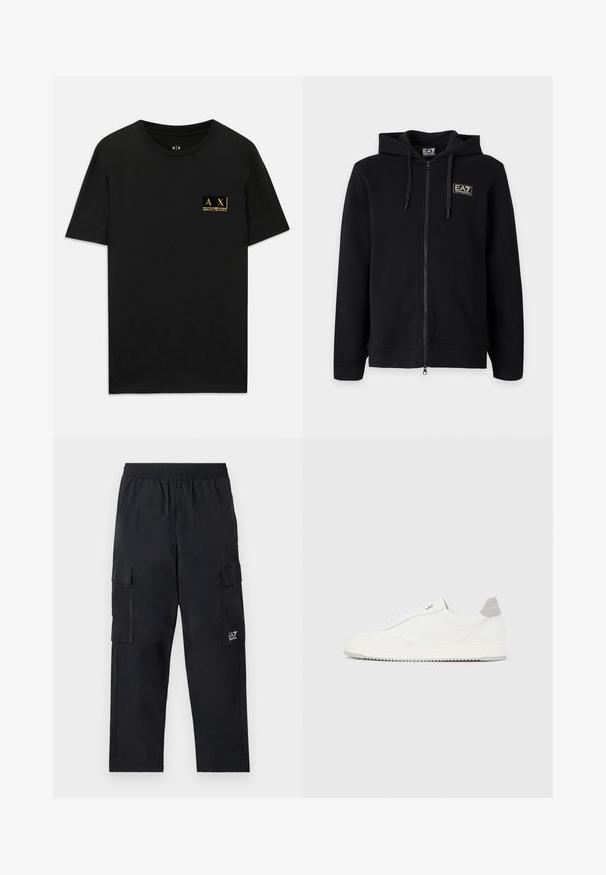 Čierna mikina s kapucňou a celým zipsom, s nastaviteľnými šnúrkami a malým obdĺžnikovým logom EA7 Emporio Armani na ľavej strane hrude.; Čierne bavlnené tričko s okrúhlym výstrihom. Na ľavej hrudi je umiestnená malá zlatá nášivka s nápisom "AX Armani Exchange". Klasický strih.; Čierne cargo nohavice s elastickým pásom, bočnými vreckami a malým logom na ľavej nohe. Vyrobené z ľahkej, hladkej tkaniny.; Biela nízka teniska so sivým pätovým pásikom, bielymi šnúrkami a členitou podrážkou, zobrazená na jednoduchom svetlom pozadí.