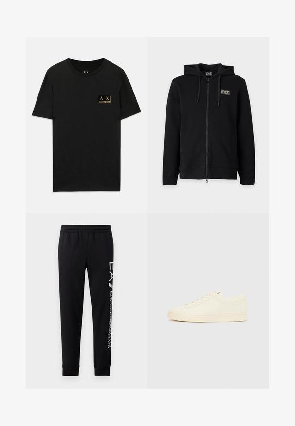 Zwarte hoodie met volledige ritssluiting en trekkoorden, met een klein rechthoekig EA7 Emporio Armani-logo op de linkerborst.; Zwarte katoenen T-shirt met een ronde hals. Beschikt over een klein gouden logo op de linkerkant van de borst met de tekst "AX Armani Exchange". Klassieke pasvorm.; Zwarte sweatpants van een katoenmix, met een elastische tailleband, taps toelopende benen, ribgebreide boorden en een wit logo-opdruk langs de zijkant.; Slofkleurige sneaker met een glad leren bovenwerk, ronde neus, vetersluiting en een geribbelde rubberen zool. Minimalistisch ontwerp, zonder logo's.