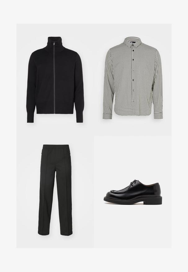 sandro TRUCKER CARDIGAN - Chaqueta de punto - noir; Camisa de botones en cuadros blancos y negros con cuello, mangas largas y dobladillo recto. Confeccionada con una tela ligera y botones negros.; Pantalones negros de tejido elástico, con corte recto, bolsillos con cremallera lateral y una textura suave sin patrones visibles.; Zapato de cuero negro con punta redondeada, detalles de costura, cordones mínimos y suela de goma gruesa para tracción y durabilidad.