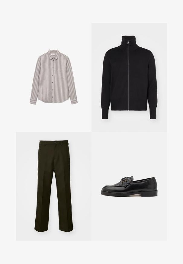 sandro TRUCKER CARDIGAN - Gilet - noir; Chemise à rayures à manches longues dans des tons beiges et gris, fabriquée en tissu texturé. Elle présente un col classique, une fermeture à boutons à l'avant et une poche poitrine.; The Kooples PANTALON - Pantalon classique - kaki; Mocassins en cuir noir avec un bout arrondi et une boucle décorative. Talon plat, solide et texture lisse sur l'ensemble.