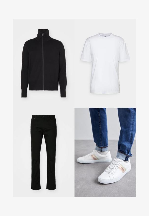 sandro TRUCKER CARDIGAN - Kardigán - noir; Biela bavlnená tričko s okrúhlym výstrihom, krátkymi rukávmi a rovnými okrajmi. Obsahuje malú značku na bočnom šve na ľavej strane.; Čierne džínsové nohavice so strihom rovného nohavice, štýlovaním s piatimi vreckami a zapínaním na gombík. Hladký materiál s jemnými švovými detailmi.; Biele kožené tenisky s viacfarebnými prúžkami, šnurovací dizajn, gumená podrážka a polstrovaný golier, skombinované s modrými džínami.
