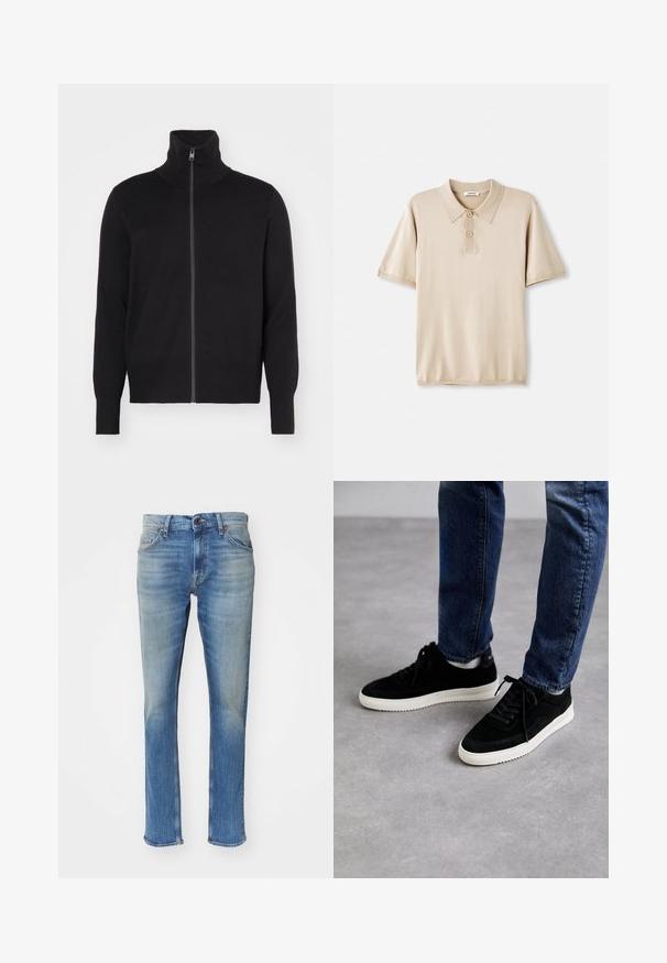 sandro TRUCKER CARDIGAN - Vest - noir; Beige poloshirt met een kraag en een drieknopssluiting. Korte mouwen, zachte textuur en een rechte zoom. Minimalistisch ontwerp.; Lichtblauwe spijkerbroek met een rechte snit, voorzien van een ritssluiting, vijf zakken en een licht vervaagde textuur.; Zwarte suede sneakers met een witte rubberen zool, met een klassiek low-top ontwerp, een ronde neus en flat zwarte veters.
