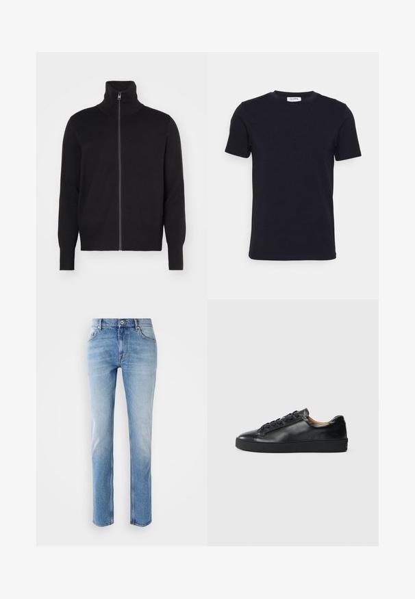 sandro TRUCKER CARDIGAN - Kardigán - noir; Čierne tričko s krátkym rukávom a okrúhlym výstrihom, s malou bielou etikettou na vnútornej strane výstrihu.; Svetlomodré džíny z denimu so strihom rovného nohu, s klasickým usporiadaním piatich vreciek a striebornými kovovými doplnkami na pásku.; Čierne kožené tenisky s hladkým povrchom, okrúhlou špičkou a šnúrkami. Majú hrubú gumenú podrážku a minimálne značkové detaily.