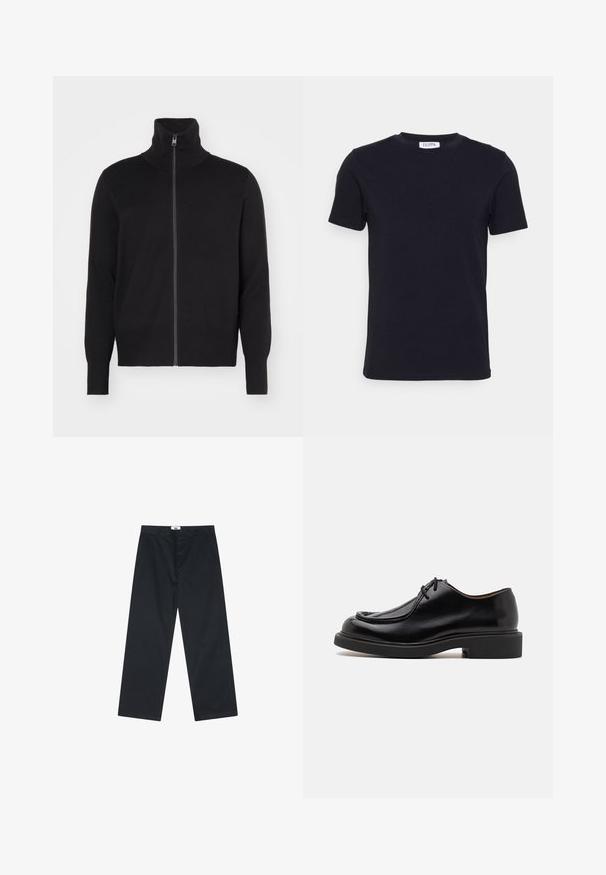 sandro TRUCKER CARDIGAN - Chaqueta de punto - noir; Camiseta negra de manga corta con cuello redondo, con una pequeña etiqueta blanca en el interior del cuello.; Pantalones de algodón negros con un diseño de pierna recta, con cierre de botón y una cinturilla sencilla. Sin patrones ni acentos adicionales.; Zapato de cuero negro con punta redondeada, detalles de costura, cordones mínimos y suela de goma gruesa para tracción y durabilidad.
