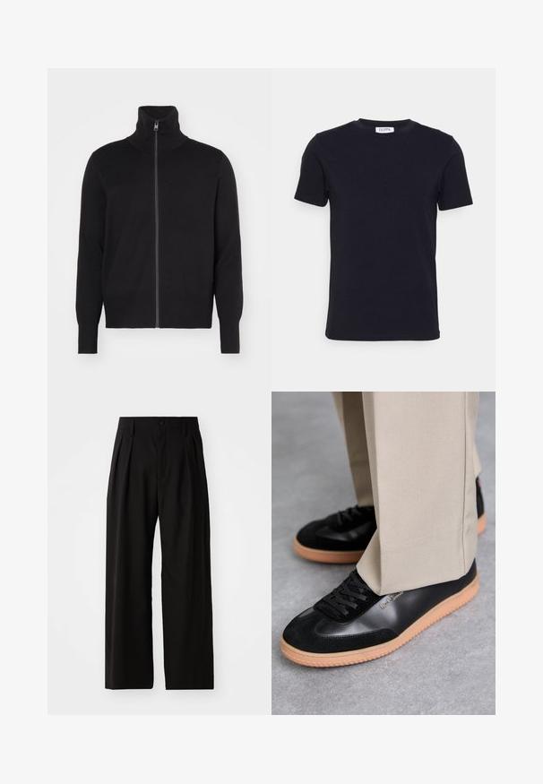 sandro TRUCKER CARDIGAN - Gilet - noir; T-shirt noir à manches courtes avec un col ras-du-cou, muni d'une petite étiquette blanche à l'intérieur du col.; Pantalons larges noirs avec une texture lisse, dotés de deux plis avant, d'une fermeture à bouton et de poches latérales. Tissu durable.; Paul Smith COMO - Baskets basses - black