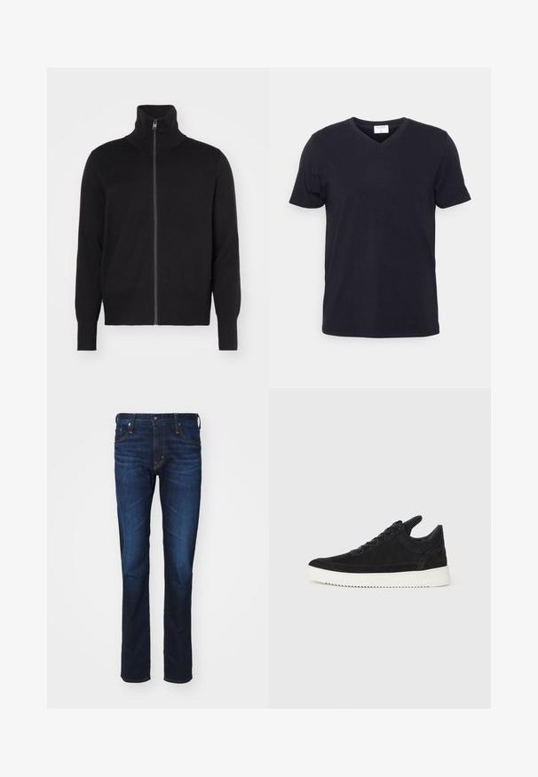 sandro TRUCKER CARDIGAN - Chaqueta de punto - noir; Camiseta negra de cuello en V hecha de algodón, con mangas cortas y un corte relajado. Diseño sencillo, sin patrones ni acentos adicionales.; AG Jeans TELLIS MODERN - Vaqueros slim fit - viper; Zapatilla de ante negra con suela de goma blanca, que presenta costuras en el mismo tono y un diseño de cordones. Textura suave con una forma moderna y aerodinámica.