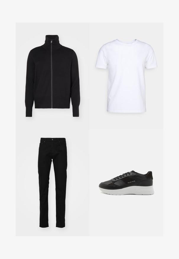 sandro TRUCKER CARDIGAN - Strickjacke - noir; Weißes T-Shirt mit kurzen Ärmeln aus Baumwollstoff und rundem Halsausschnitt. Schlichtes Design ohne Muster oder Akzente. Glatte Textur.; Schwarze Denim-Jeans im Slim-Fit mit einem klassischen Fünf-Taschen-Design, Metallknopf und genähten Details an den Taschen.; Schwarze Ledersneaker mit Wildlederdetails, runde Zehenform, weiße Gummisohle und gestickte Verzierungen. Logo seitlich aufgedruckt. Klassisches Schnürdesign.