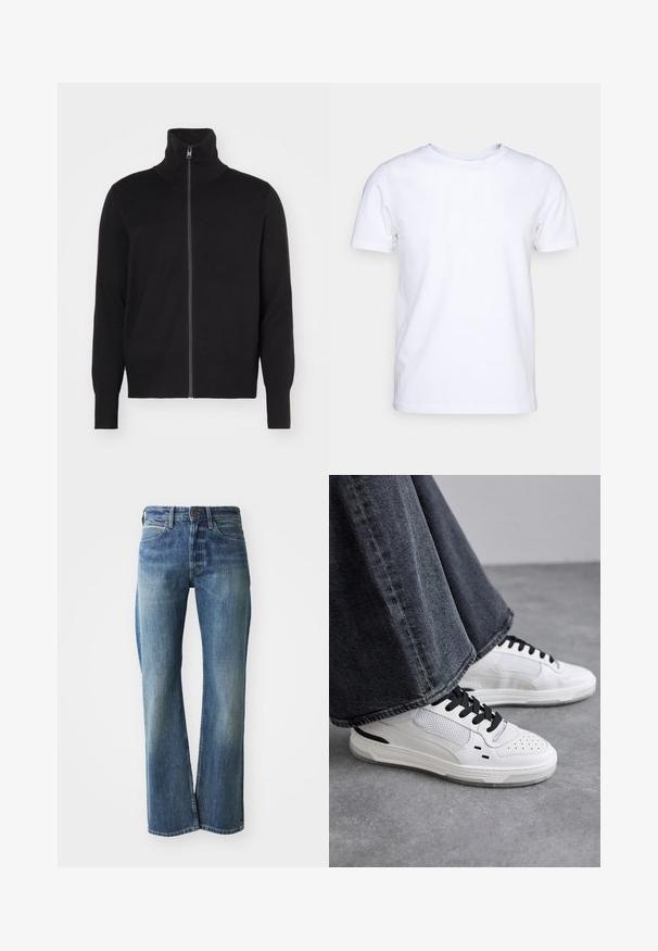 sandro TRUCKER CARDIGAN - Chaqueta de punto - noir; Camiseta blanca de manga corta en tejido de algodón con cuello redondo. Diseño simple sin patrones ni acentos. Textura suave.; Vaqueros de mezclilla en un color azul claro a medio, con corte recto, diseño clásico de cinco bolsillos y un sutil desgaste en la parte frontal.; Zapatillas blancas con cordones negros y detalles de malla. Presenta un upper de cuero liso y una suela de goma texturizada. Combinadas con unos vaqueros de pierna ancha en gris.