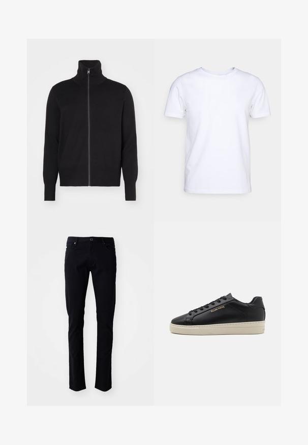 sandro TRUCKER CARDIGAN - Chaqueta de punto - noir; Camiseta blanca de manga corta en tejido de algodón con cuello redondo. Diseño simple sin patrones ni acentos. Textura suave.; Pantalones de algodón negros de corte slim, con cierre de botón, trabillas para el cinturón, bolsillos delanteros y una textura suave.; Zapatilla de cuero negra con un acabado suave, suela crema en contraste, puntera redonda, logo dorado en el lateral y seis ojales para los cordones.