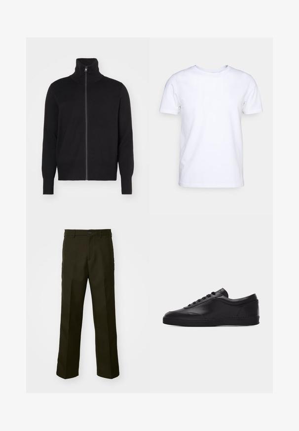 sandro TRUCKER CARDIGAN - Chaqueta de punto - noir; Camiseta blanca de manga corta en tejido de algodón con cuello redondo. Diseño simple sin patrones ni acentos. Textura suave.; The Kooples PANTALON - Pantalones - kaki; Zapatilla baja negra de cuero con cordones en la parte delantera y suela plana de goma, mostrada de perfil sobre un fondo blanco liso.