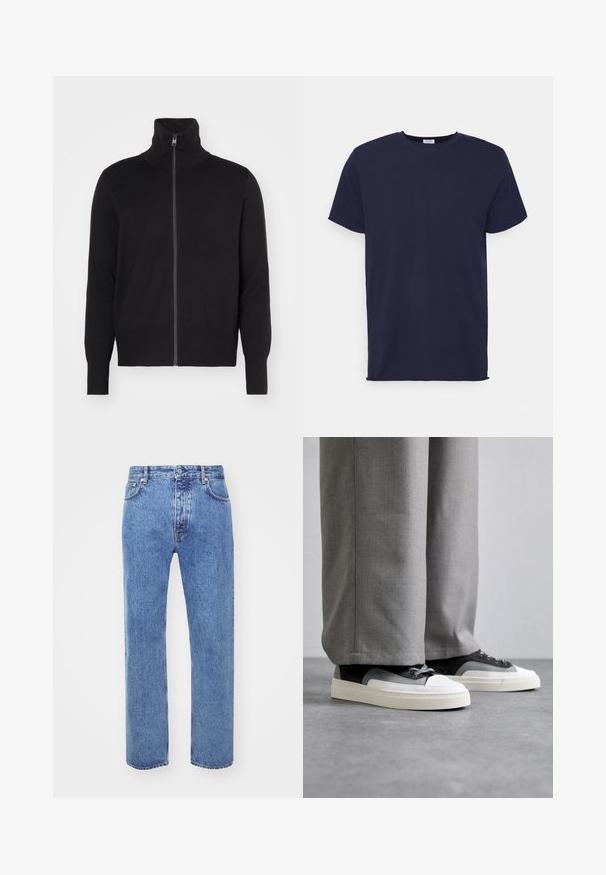 sandro TRUCKER CARDIGAN - Strickjacke - noir; Marineblaues T-Shirt mit kurzen Ärmeln aus weichem Stoff. Es hat einen Rundhalsausschnitt und einen geraden Schnitt ohne Muster oder Akzente.; Won Hundred STEVE - Jeans Relaxed Fit - cut blue; Filling Pieces RIVIERA - Sneaker low - grey