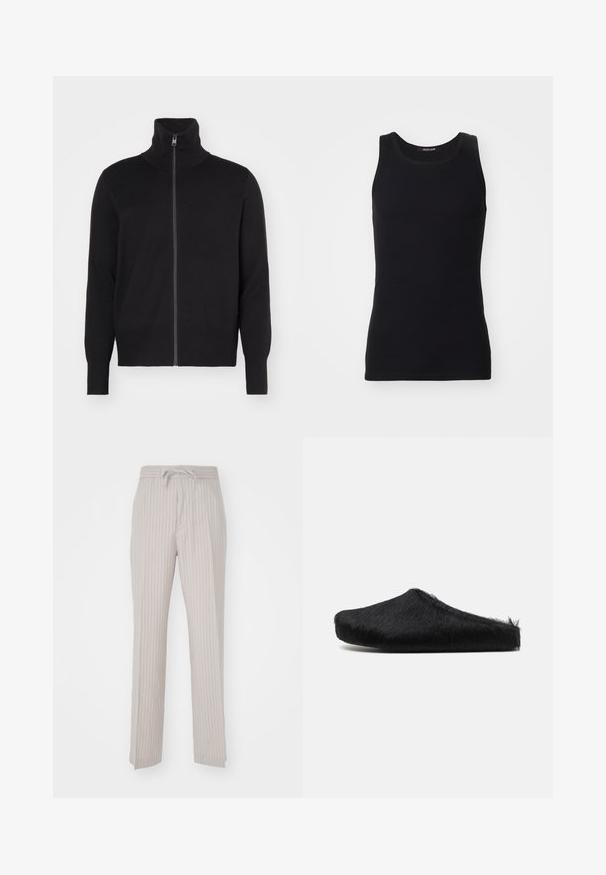 sandro TRUCKER CARDIGAN - Kardigán - noir; Čierny tielko vyrobené z hladkého, elastického materiálu. Má okrúhly výstrih a bezrúčkový dizajn, priliehavý strih a jednoduchý vzhľad.; Svetlobéžové nohavice s vertikálnymi tenkými prúžkami, s elastickým pásom a šnúrkou na uťahovanie. Mäkkučký materiál, rovný strih nohavíc.; Marni Šľapky - black