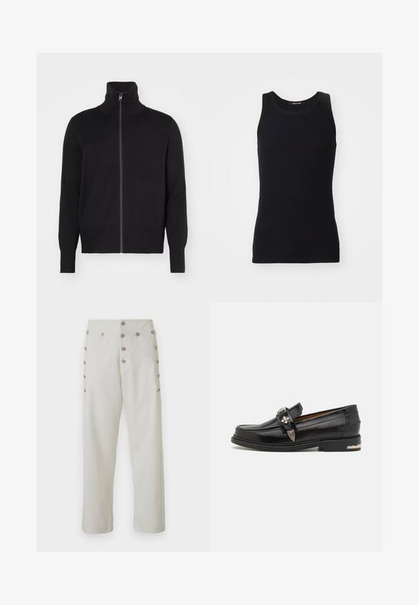 sandro TRUCKER CARDIGAN - Cardigan - noir; Sort tanktop lavet af et glat, strækbart materiale. Har en rund halsudskæring og ingen ærmer, med en tætsiddende pasform og enkelt design.; Cremefarvede bukser med lige snit, der har dekorative detaljer i sølvfarvet knap på begge sider og en glat stofstruktur.; Sort læderloafer med sølv dekorativt hardware, en mokkasinstil overdel, detaljeret syning og en stakheel.