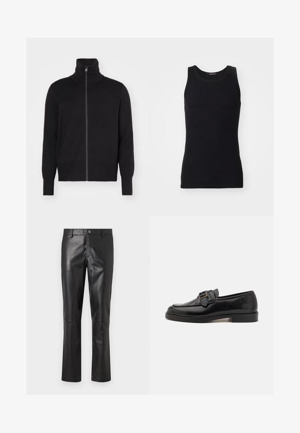 sandro TRUCKER CARDIGAN - Vest - noir; Zwarte tanktop gemaakt van een gladde, rekbare stof. Heeft een ronde halslijn en geen mouwen, met een slim fit en een eenvoudig ontwerp.; Zwarte leren broeken met een gladde textuur, recht model en subtiele stiksel langs de naden. Voorzien van een knoopsluiting in de taille.; Zwarte leren instappers met een ronde neus en een decoratieve gesp. Platte, stevige hak en een gladde textuur overal.