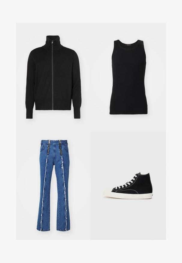 sandro TRUCKER CARDIGAN - Strickjacke - noir; Schwarzes Tanktop aus einem glatten, dehnbaren Material. Verfügt über einen runden Halsausschnitt und keine Ärmel, mit einer engen Passform und einfachem Design.; GmbH FAISAL - Jeans Straight Leg - denim blue; Schwarze Canvas-Hochtop-Sneaker mit weißen Schnürsenkeln, ausgestattet mit einer Gummizunge und kontrastierenden weißen Nähten.
