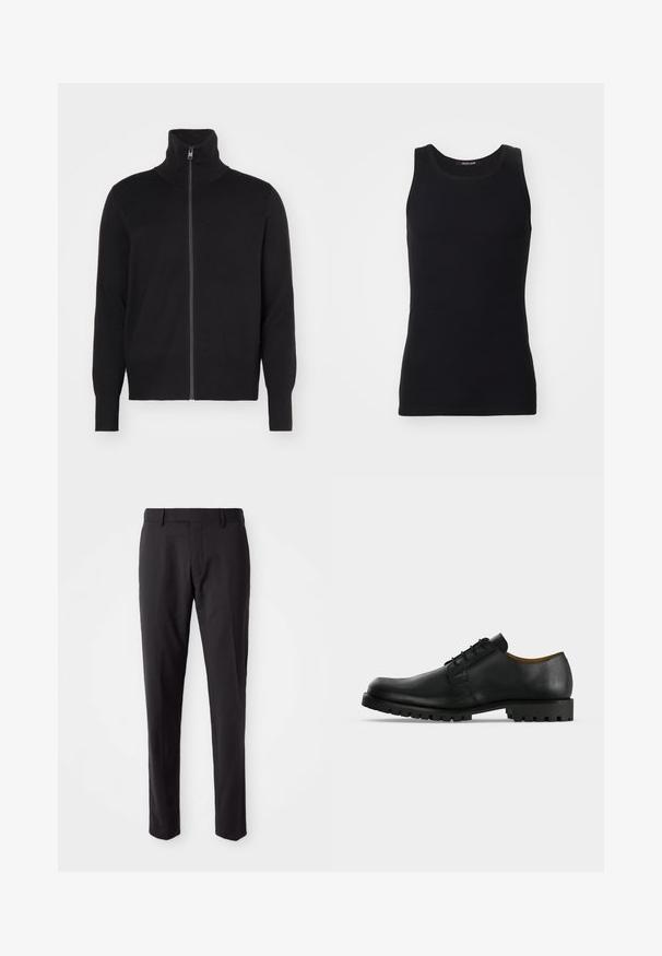 sandro TRUCKER CARDIGAN - Vest - noir; Zwarte tanktop gemaakt van een gladde, rekbare stof. Heeft een ronde halslijn en geen mouwen, met een slim fit en een eenvoudig ontwerp.; Zwarte op maat gemaakte broeken met een platte voorkant, slim fit, riemlussen en een soepele textuur. Geschikt voor formele of zakelijke kleding.; Zwart leren veterschoen met een dikke, geribbelde zool en lage hak, afgebeeld op een witte achtergrond.