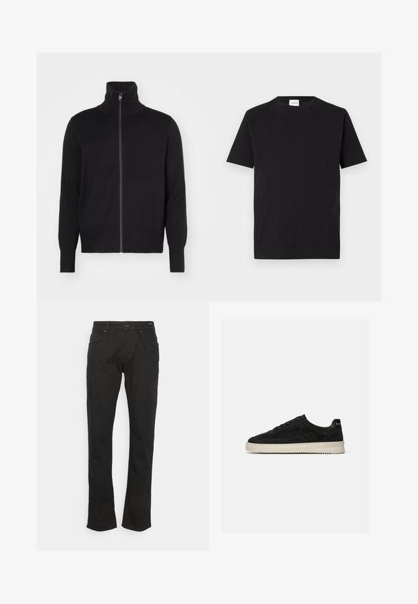 sandro TRUCKER CARDIGAN - Kardigán - noir; Čierne bavlnené tričko s okrúhlym výstrihom a krátkymi rukávmi. Má rovný strih a minimalistický dizajn, s viditeľným štítkom na golieri.; JOOP! Jeans MITCH - Džínsy s rovným strihom - black; Čierna semišová nízka teniska s čiernymi šnúrkami a bielou gumovou podrážkou, bočný pohľad na jednotnom svetlosivom pozadí.