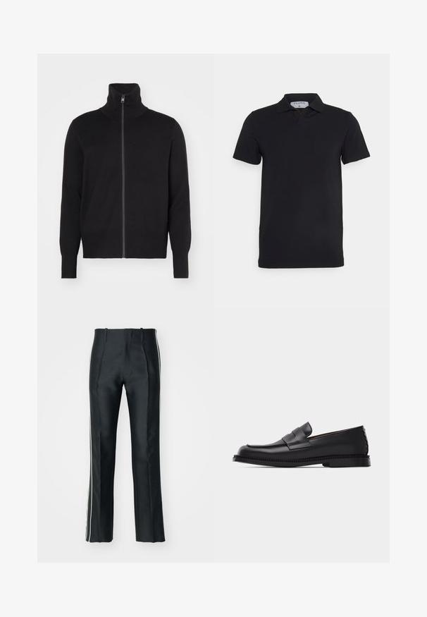 sandro TRUCKER CARDIGAN - Cardigan - noir; Sort kortærmet polo-shirt med klassisk krave, lavet af glat stof. Har et mærke med brandnavnet 'Filippa K' ved halsudskæringen.; Sorte satinbukser med en skræddersyet pasform, der har hvide sidelister. Designet med en udvidet benvidde og frontfolder for ekstra detalje.; Sort læder penny loafer med lav hæl, rundet tå og dekorativ rem over vristen, sat på en ensartet lys baggrund.