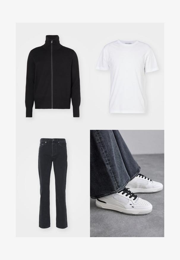 sandro TRUCKER CARDIGAN - Chaqueta de punto - noir; Camiseta de algodón blanca con escote redondo, mangas cortas y corte recto. Sin patrones ni adornos, textura suave y diseño sencillo.; Vaqueros de mezclilla negra con un diseño de pierna recta, que cuentan con cinco bolsillos y un cierre de botón. La tela tiene una textura sutil y un acabado resistente.; Zapatillas blancas con cordones negros y detalles de malla. Presenta un upper de cuero liso y una suela de goma texturizada. Combinadas con unos vaqueros de pierna ancha en gris.