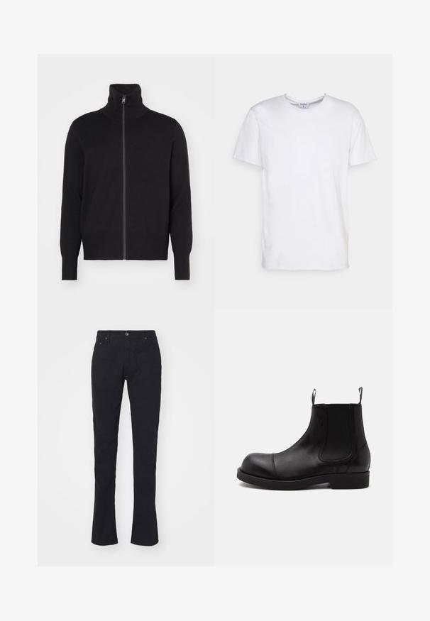 sandro TRUCKER CARDIGAN - Kardigán - noir; Biely krátky rukáv tričko vyrobené z bavlny. Má okrúhly výstrih a voľný strih bez viditeľných vzorov alebo akcentov.; Čierne bavlnené nohavice so rovnými nohavicami, s upevnením na gombík, dvoma prednými vreckami a hladkou textúrou. Bez vzorov alebo akcentov.; Čierna kožená Chelsea topánka s guľatou špičkou, elastickými bočnými panelmi, pútka vpredu aj vzadu, plochá podrážka, zobrazená z boku na bielom pozadí.
