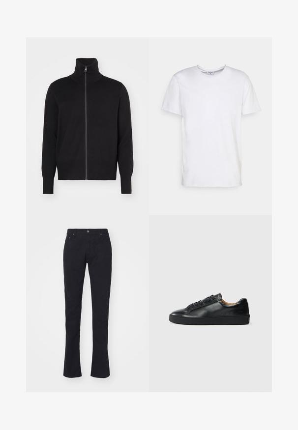 sandro TRUCKER CARDIGAN - Kardigan - noir; Valge lühikeste varrukatega T-särk, mis on valmistatud puuvillast. Omab ümarat kaelust ja mugavat lõike, ilma nähtavate mustrite või aktsentideta.; mustad puuvillased püksid sirge lõikega, nuppudega kinnitusega, kahe esipocketiga ja siledan tekstuuriga. Ilma mustrite ega aksessuaarideta.; Musthave nahkast kingad sujuva tekstuuriga, ümara toe jastringsidega sulgemisega. Omab paksu kummist tallat ja minimaalset brändi detaili.