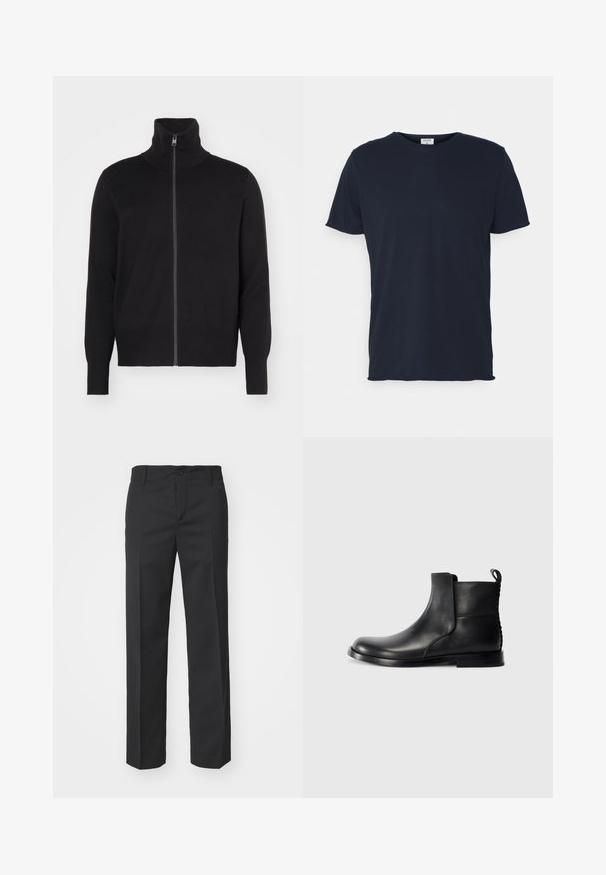 sandro TRUCKER CARDIGAN - Kardigán - noir; Námornícky modré bavlnené tričko s okrúhlym výstrihom a krátkymi rukávmi, s hladkou textúrou a jednoduchým dizajnom, bez viditeľných vzorov alebo akcentov.; Filippa K TROY TROUSERS - Nohavice - black; Čierna kožená členková čižma s okrúhlou špičkou, elastickými postrannými panelmi a textúrovaným zadkom. Obsahuje plochú gumovú podrážku a pútko.