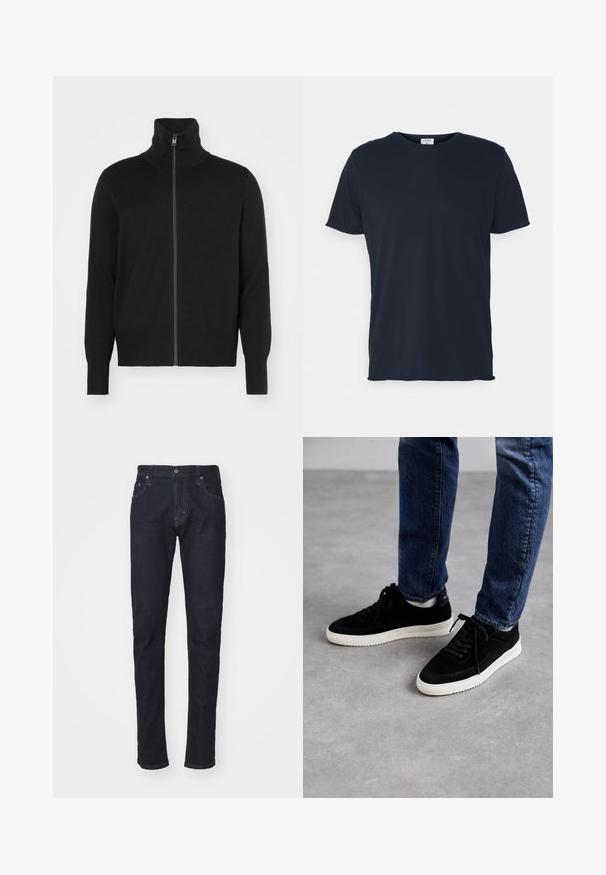 sandro TRUCKER CARDIGAN - Cardigan - noir; Marineblå bomulds t-shirt med rund hals og korte ærmer, med en glat tekstur og enkel design, uden synlige mønstre eller accenter.; Mørkeblå denimjeans med slim fit, fem-lomme design og knaplukning. Har kontrastsyninger og lige benform.; Sorte ruskind sneakers med en hvid gummisål, der har et klassisk low-top design, rundt tå og flade sorte snørebånd.
