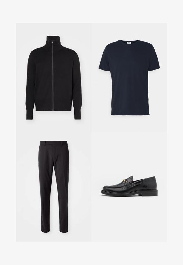 sandro TRUCKER CARDIGAN - Kardigán - noir; Námornícky modré bavlnené tričko s okrúhlym výstrihom a krátkymi rukávmi, s hladkou textúrou a jednoduchým dizajnom, bez viditeľných vzorov alebo akcentov.; Čierne priliehavé nohavice so plochým predným dielom, úzkym strihom, pútkami na opasok a hladkou textúrou. Vhodné na formálne alebo business oblečenie.; Čierne kožené loafers so zaoblenou špičkou, s pozlátenými kovovými prvkami a detailným šitím, uložené na nízkej, textúrovanej gumenej podrážke.