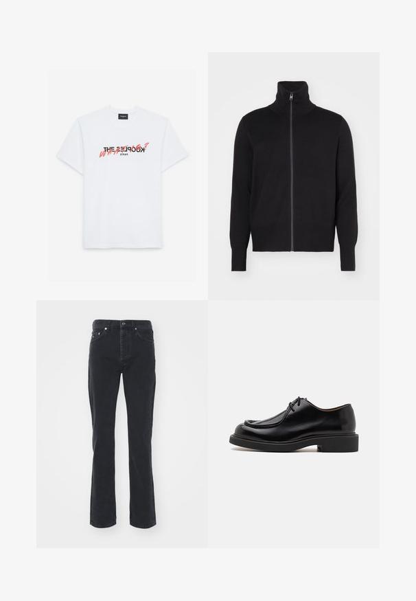 sandro TRUCKER CARDIGAN - Vest - noir; Witte katoenen T-shirt met korte mouwen, voorzien van een zwart en koraal grafisch ontwerp. De tekst luidt: "DE KOOPLES? WAT?" en "PARIJS."; Zwarte denim jeans met een rechte pijpdesign, voorzien van vijf zakken en een knoopsluiting. De stof heeft een subtiele textuur en stevige afwerking.; Zwarte leren schoen met een ronde neus, gestikte details, minimale veters en een dikke rubberen zool voor grip en duurzaamheid.