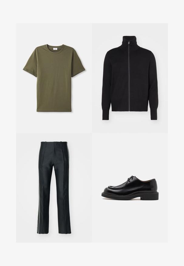 sandro TRUCKER CARDIGAN - Strickjacke - noir; Ein schlichtes, olivgrünes T-Shirt mit kurzen Ärmeln und Rundhalsausschnitt, flach auf einem weißen Hintergrund ausgelegt.; Schwarze Satin-Hosen mit tailliertem Schnitt, ausgestattet mit weißen Seitenstreifen. Design mit weitem Bein und Vorderfalten für zusätzlichen Detail.; Schwarzer Lederschuh mit runder Zehenform, gesteppten Details, minimalen Schnürsenkeln und dicker Gummisohle für Traktion und Langlebigkeit.