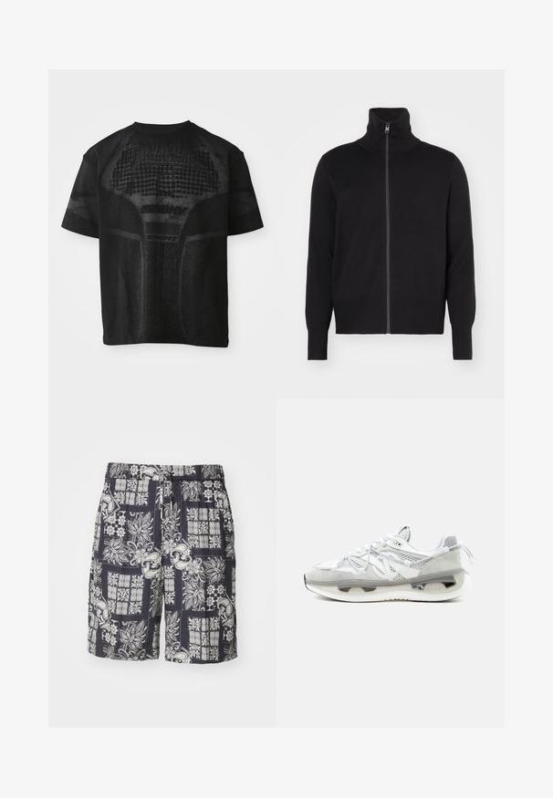 sandro TRUCKER CARDIGAN - Strickjacke - noir; Schwarz, kurzärmliges Sport-T-Shirt mit strukturiertem Muster und dezentem "MISBHV SPORT"-Text auf der Vorderseite.; Marineblaue Shorts mit einem weißen Paisley- und Blumenmuster, aus leichtem Stoff mit elastischem Bund und Kordelzug.; Weißer und grauer Sportschuh mit Mesh-Gewebe, dicker gepolsterter Sohle, sichtbarer Luftdämpfung und Schnürverschluss, seitlich gezeigt.