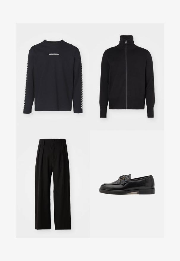 sandro TRUCKER CARDIGAN - Vest - noir; Zwart T-shirt met lange mouwen van katoen, met een ronde hals en het J.Lindeberg-logo op de borst, met een geruit patroon op de mouwen.; Zwarte wijde broek met een gladde textuur, voorzien van twee voorklokken, een knoopsluiting en zijzakken. Duurzaam materiaal.; Zwarte leren instappers met een ronde neus en een decoratieve gesp. Platte, stevige hak en een gladde textuur overal.
