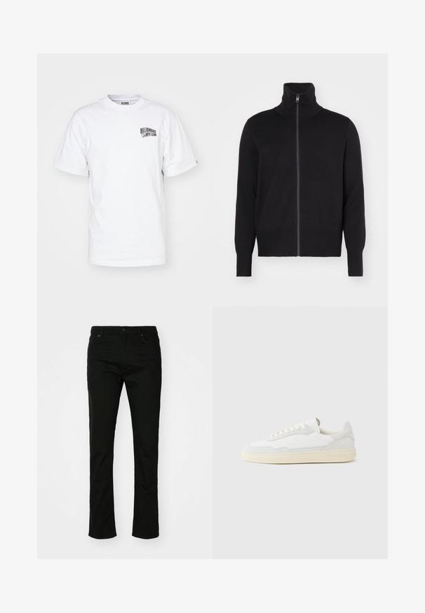 sandro TRUCKER CARDIGAN - Kardigán - noir; Biely bavlnený tričko s okrúhlym výstrihom, krátkymi rukávmi a malým čiernym logom na hornej ľavej strane hrude. Klasický strih a hladká textúra.; Čierne džínsové nohavice so strihom rovného nohavice, štýlovaním s piatimi vreckami a zapínaním na gombík. Hladký materiál s jemnými švovými detailmi.; Biela teniska s jemne štruktúrovaným zvrškom zo semišu a kože. Má zaoblenú špičku, viazanie na šnúrky a kontrastnú béžovú gumovú podrážku.