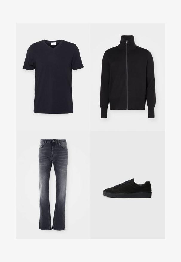sandro TRUCKER CARDIGAN - Kardigan - noir; Musthave musterniga musterniga lühikeste varrukatega vöötkesega must puuvillane t-särk, millel on vabam lõige. Lihtne disain, ilma mustrite või lisakaunistusteta.; Hallideg denim teksad flared jala kujundusega, millel on veidi kulunud viimistlus, viis taskut ja esi-nupulukk.; Must have musta tennisjalats madala, tekstuuriga talla, ümara varbaga, kuue silmaga paelte jaoks ja minimalistlik disain.