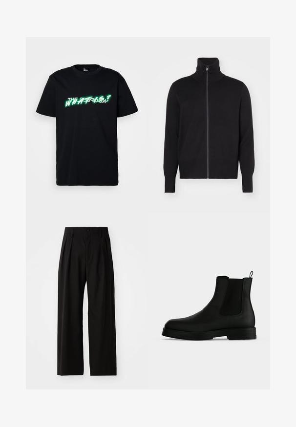 sandro TRUCKER CARDIGAN - Vest - noir; Zwarte katoenen t-shirt met opvallende groene en witte grafische tekst "WHAT IS?" aan de voorkant. Ronde hals en korte mouwen.; Zwarte wijde broek met een gladde textuur, voorzien van twee voorklokken, een knoopsluiting en zijzakken. Duurzaam materiaal.; Zwarte leren Chelsea-boot met elastisch zijpaneel, trek lus aan de achterkant en lage gestapelde zool op een effen lichte achtergrond.