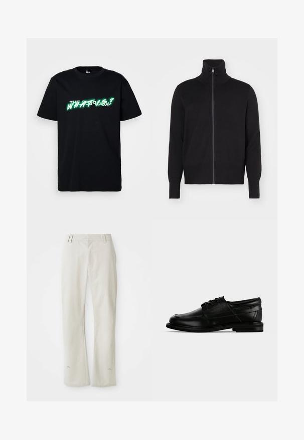 sandro TRUCKER CARDIGAN - Vest - noir; Zwarte katoenen t-shirt met opvallende groene en witte grafische tekst "WHAT IS?" aan de voorkant. Ronde hals en korte mouwen.; Lichtgrijze, rechte broek van soepel materiaal. Voorzien van zijzakken, ceintuurlussen en een subtiel logo nabij de zoom.; Zwarte leren herenschoen met veters, lage hak en een aangebrachte merknaam aan de zijkant, weergegeven in zijaanzicht op een witte achtergrond.