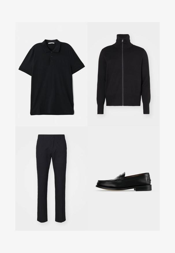 sandro TRUCKER CARDIGAN - Gilet - noir; Polo shirt noir en coton, avec un col classique, une patte de boutonnage à trois boutons, des manches courtes et un discret logo sur le devant.; Pantalon bleu marine avec une coupe ajustée, fabriqué en tissu lisse. Il présente un devant plat, des passants de ceinture et des jambes droites avec un ourlet soigné.; Mocassin homme en cuir noir avec un petit talon et une couture de style mocassin sur l'avant, vu de côté sur un fond uni.