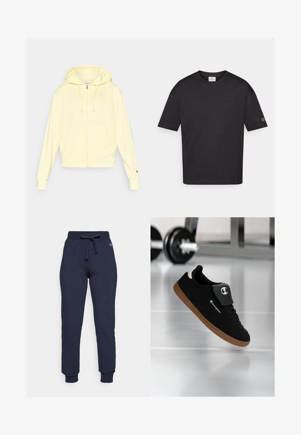 Sudadera con capucha amarilla con cremallera, hecha de tela suave, con capucha, bolsillo tipo canguro y logotipos en el pecho y la manga. Puños y borde acanalados.; Camiseta de algodón negro con cuello redondo, mangas cortas y un pequeño logo bordado en el pecho y la manga. Textura suave, ajuste casual.; Pantalones de chándal azul marino hechos de una mezcla de algodón, con una cintura ajustable con cordón, puños acanalados y un pequeño logo en la cadera.; Zapatilla Champion negra y marrón suspendida en el aire en un gimnasio, con una barra de pesas desenfocada en el fondo.