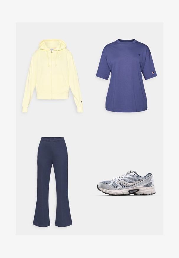 Žltá mikina na zips z mäkkého materiálu, so stojacou kapucňou, klokanicovou kapsou a logom na hrudi a rukáve. Lemované manžety a spodný okraj.; Fialové bavlnené tričko s krátkym rukávom a okrúhlym výstrihom, s malým logom na hrudi a s logom na nášivke na rukáve.; Tmavomodré rozšírené nohavice vyrobené z mäkkej tkaniny, s elastickým pásom a hladkou textúrou, s čistým zakončením lemu.; Strieborná bežecká topánka s vrchnou časťou z pletiva, polstrovanou podrážkou a šedými akcentmi. Má zaoblenú špičku a dizajn na šnurovanie. Viditeľné logo značky.