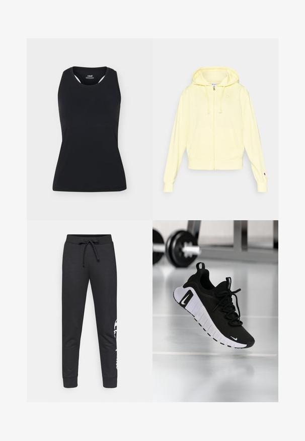 Žltá mikina na zips z mäkkého materiálu, so stojacou kapucňou, klokanicovou kapsou a logom na hrudi a rukáve. Lemované manžety a spodný okraj.; Čierne športové tielko bez rukávov s okrúhlym výstrihom a zadným dizajnom racerback, zobrazené na jednoduchom svetlom pozadí.; Čierne tepláky z bavlny s pásom na šnúrku, zúženými nohavicami a bielym logom potlačeným na jednej strane. Hladká textúra.; Čierna športová obuv s textúrovaným horným materiálom, bielou podrážkou a výrazným systémom šnurovania. Obsahuje logo Nike a má mäkký, tlmený dizajn.