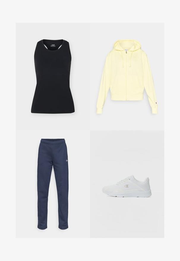 Sweat à capuche jaune zippé en tissu doux, doté d'une capuche, d'une poche kangourou et d'un logo sur la poitrine et la manche. Poignets et ourlet côtelés.; Débardeur de sport noir sans manches avec encolure ronde et dos nageur, présenté sur un fond uni clair.; Pantalon de survêtement bleu marine en tissu doux, avec une coupe droite, une taille élastique et un petit logo sur le côté.; Baskets blanches avec une tige en mesh texturé, un col rembourré et un logo contrastant sur le côté. Comprend une semelle en caoutchouc légère.