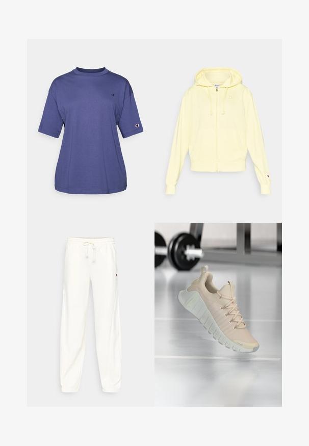 Gul hættetrøje med lynlås lavet af blødt stof, med hætte, kængurulomme og logo på brystet og ærmet. Ribbet kant ved ærmer og bund.; Lilla bomulds T-shirt med rund hals og korte ærmer, med et lille logo på brystet og et logo patch på ærmet.; Hvide træningsbukser med elastisk taljebånd og justerbar snøre. Sidelommer og en lille logopatch på venstre lår.; Letvægts sneaker i en blød beige farve. Har en tekstureret overdel, flade snørebånd og en tyk, rillede sål med subtile brandingsdetaljer.