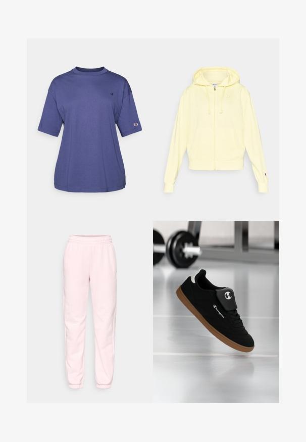 Gul hættetrøje med lynlås lavet af blødt stof, med hætte, kængurulomme og logo på brystet og ærmet. Ribbet kant ved ærmer og bund.; Lilla bomulds T-shirt med rund hals og korte ærmer, med et lille logo på brystet og et logo patch på ærmet.; Rosa løbebukser med elastisk talje, manchetter ved anklerne og sidelommer; lavet af blødt, glat stof med et enkelt design.; Sort og brun Champion-sneakers svævende i luften i et fitnessmiljø med en sløret vægtstang i baggrunden.