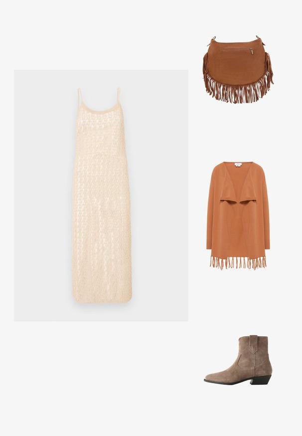 Langærmet cardigan med åben front i en varm brun farve, lavet af blødt stof, med draperet front og frynse detaljer i kanten.; Strikket kjole med en lys beige farve, spaghetti stropper og et åbent hækle mønster. Midt-længde med en løs pasform.; Mellemhøj ankelstøvle i taupe ruskind med spids tå, sømdetaljer, trækstrop og lav sort stablet hæl.; Brun ruskindshåndtaske med lange frynser langs bunden og siderne samt en lille vandret lynlåslomme foran.