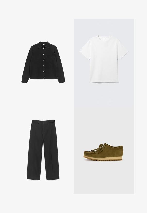 Zwarte vest met knopen, gemaakt van zacht materiaal. Heeft een kraag, lange mouwen en een borstzak. De knopen zijn wit. Glad van textuur.; Witte T-shirt met korte mouwen en ronde hals, plat gelegd, effen ontwerp, met een "WEEKDAY" label in de kraag op een lichte achtergrond.; Zwarte wijde broek van gladde stof, voorzien van een tailleband met riemlussen en zijzakken, met een strak, minimalistisch design.; Olijfgroene suède schoen met een ronde neus, vetersluiting en een lage, gestructureerde rubberen zool. Minimale stiknaad details langs de rand.