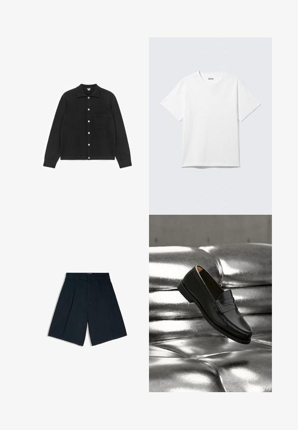 Cardigan noir boutonné en tissu doux. Il possède un col, des manches longues et une poche poitrine. Les boutons sont blancs. Texture lisse.; T-shirt blanc à manches courtes et col rond, étalé à plat, design uni, avec l'étiquette "WEEKDAY" à l'intérieur du col sur un fond clair.; Shorts noirs longueur genou avec passants de ceinture, plis sur le devant et une fermeture avant cachée, présentés sur un fond blanc.; Mocassin en cuir noir flottant au-dessus d'un canapé en cuir argenté brillant matelassé à boutons dans un décor minimaliste.